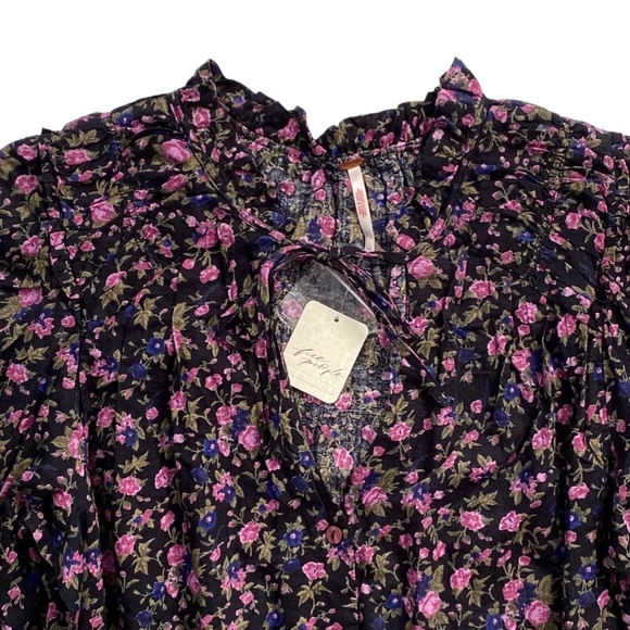 Free People Nwt Meant To Be Black Combo Floral Cotton Blouse Top Small S - Picture 2 of 3